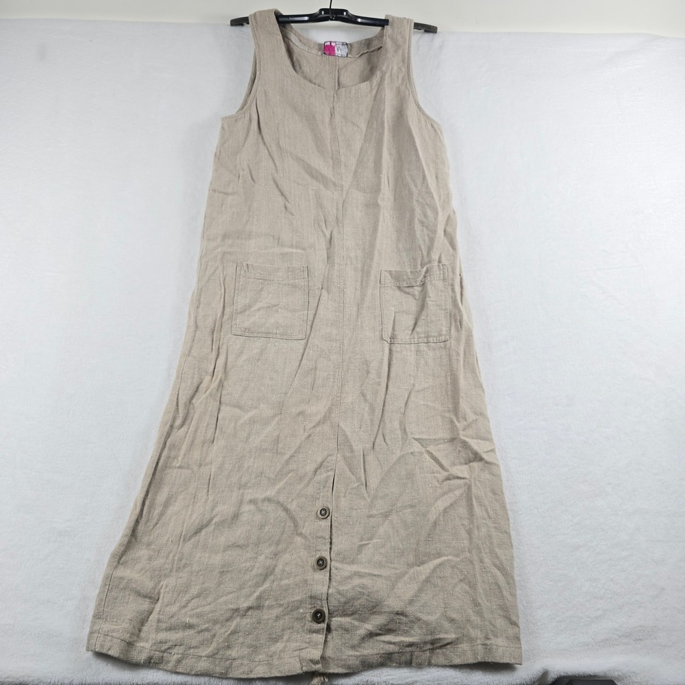 M.H.M. Melissa Harper Linen Pinafore Dress Beige Sleeveless Midi Pockets Medium